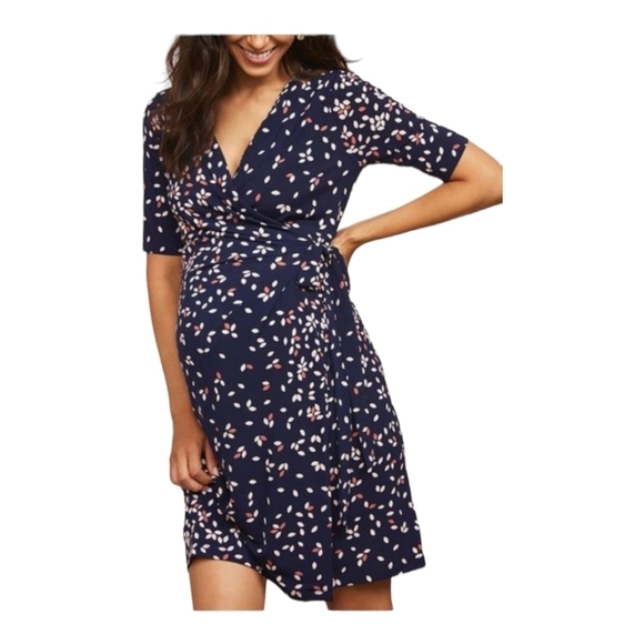 Motherhood Maternity Navy Floral Print Stretchy Wrap Dress Size Large EUC - Picture 1 of 5